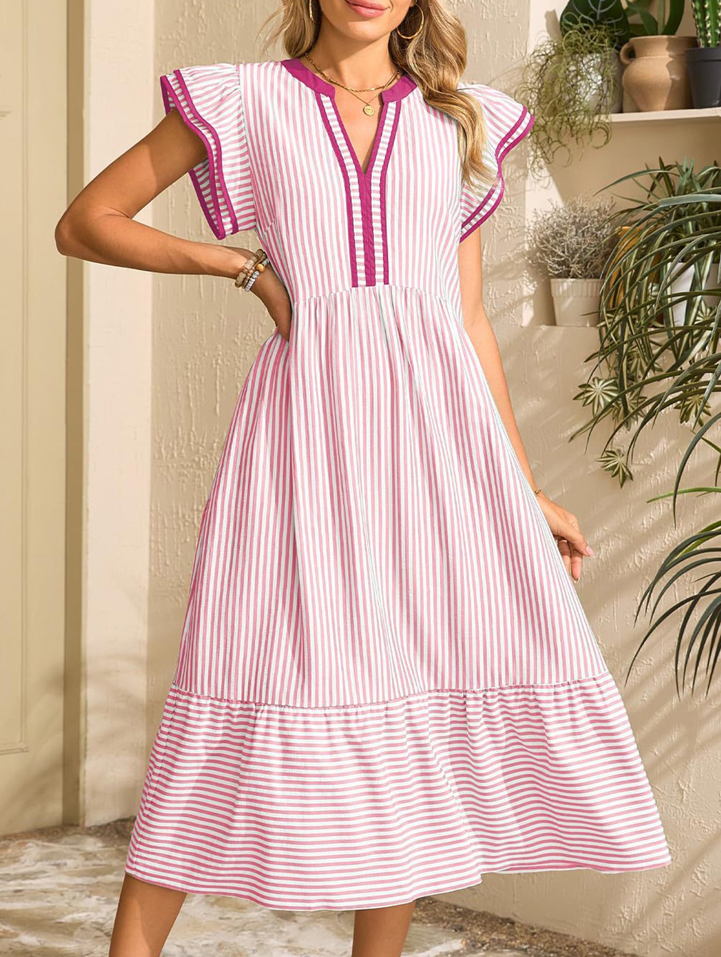 Colorblock Stripe Flutter Sleeve Dress_CWDMD02891
