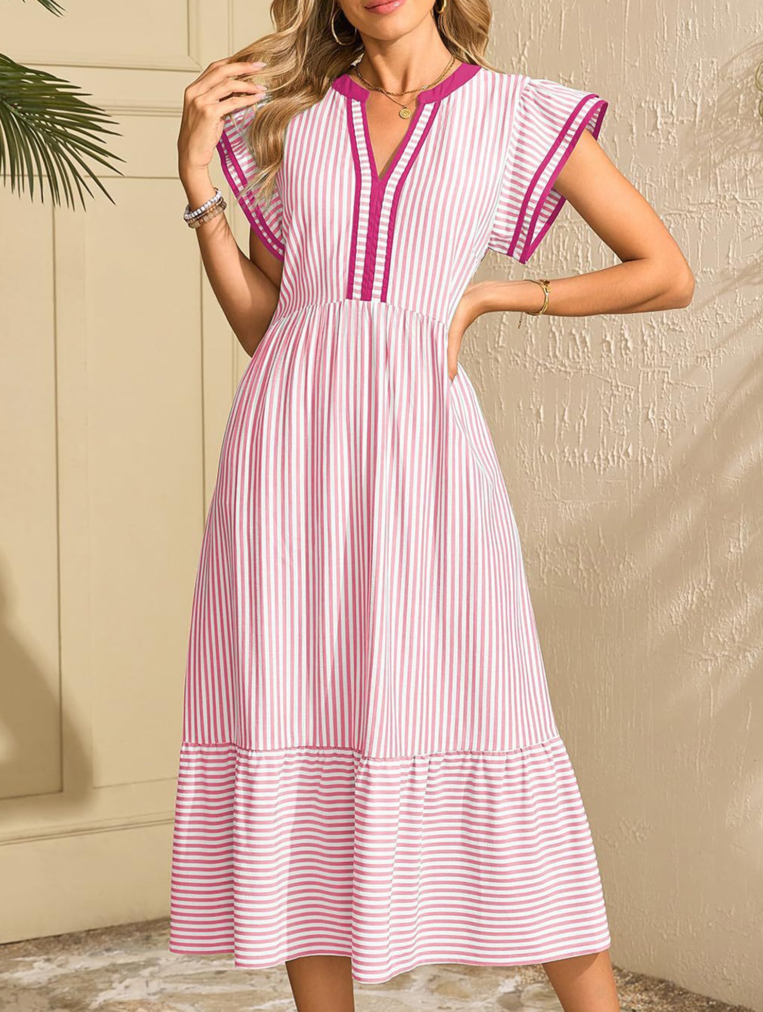 Colorblock Stripe Flutter Sleeve Dress_CWDMD02891
