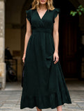 Women's dark green waist fit V neck casual maxi vacation dress - ruffle sleeve flutter dress
