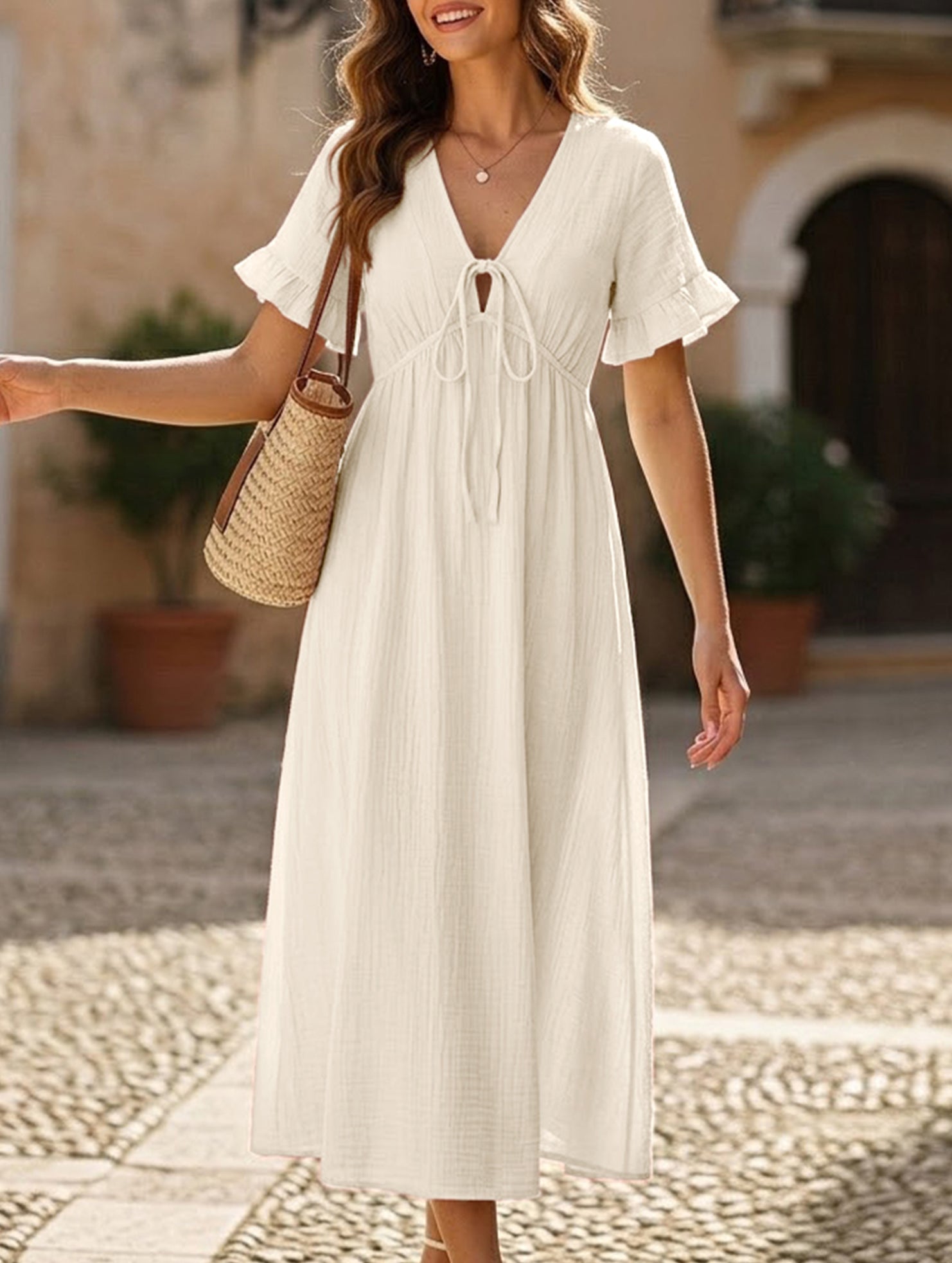 V Neck Loose Solid Maxi Dress_CWDMD02894