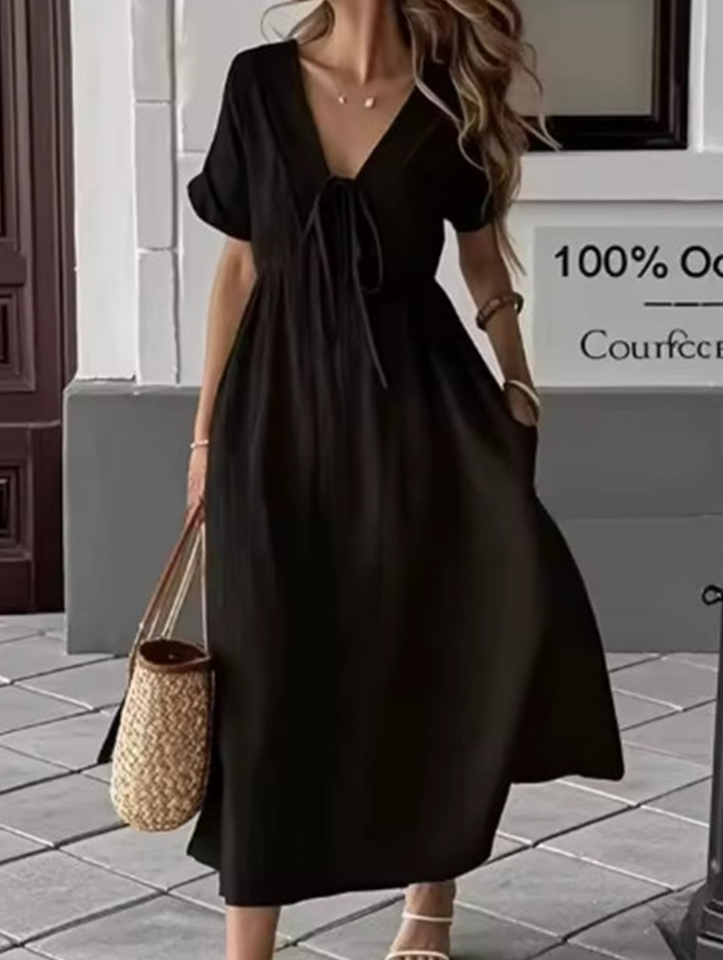 V Neck Loose Solid Maxi Dress_CWDMD02894