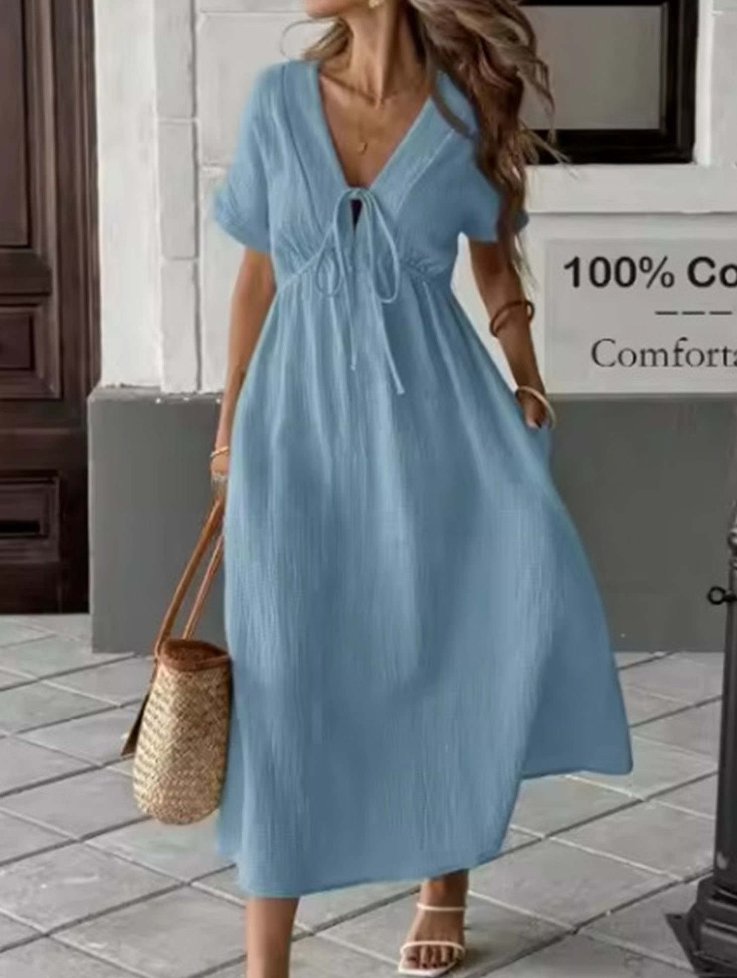 V Neck Loose Solid Maxi Dress_CWDMD02894