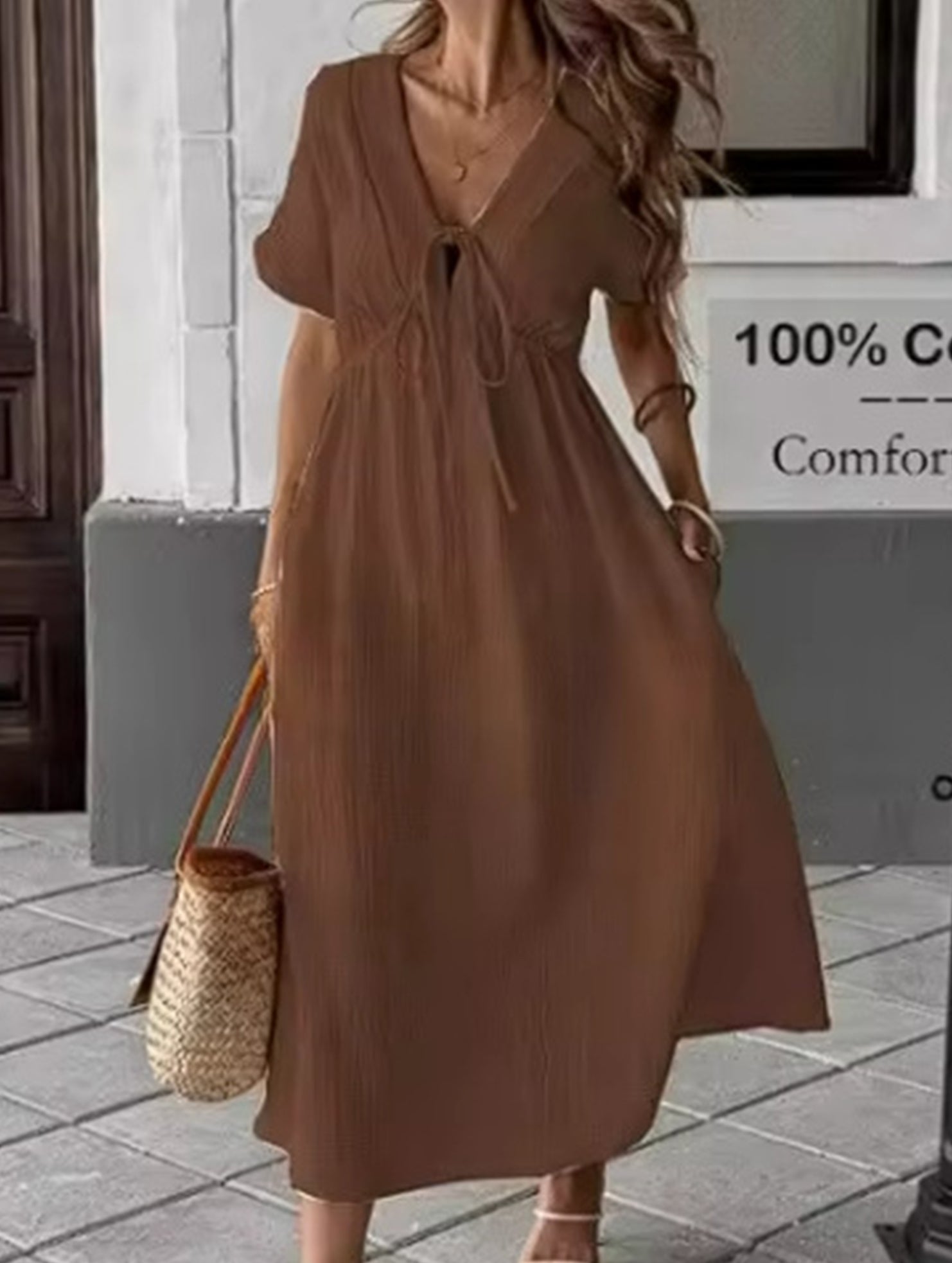 V Neck Loose Solid Maxi Dress_CWDMD02894