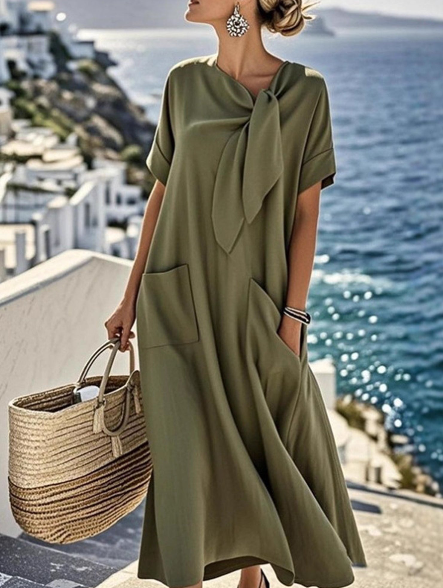 Short Sleeve Bow Pocket A-Line Maxi Dress_CWDMD02903