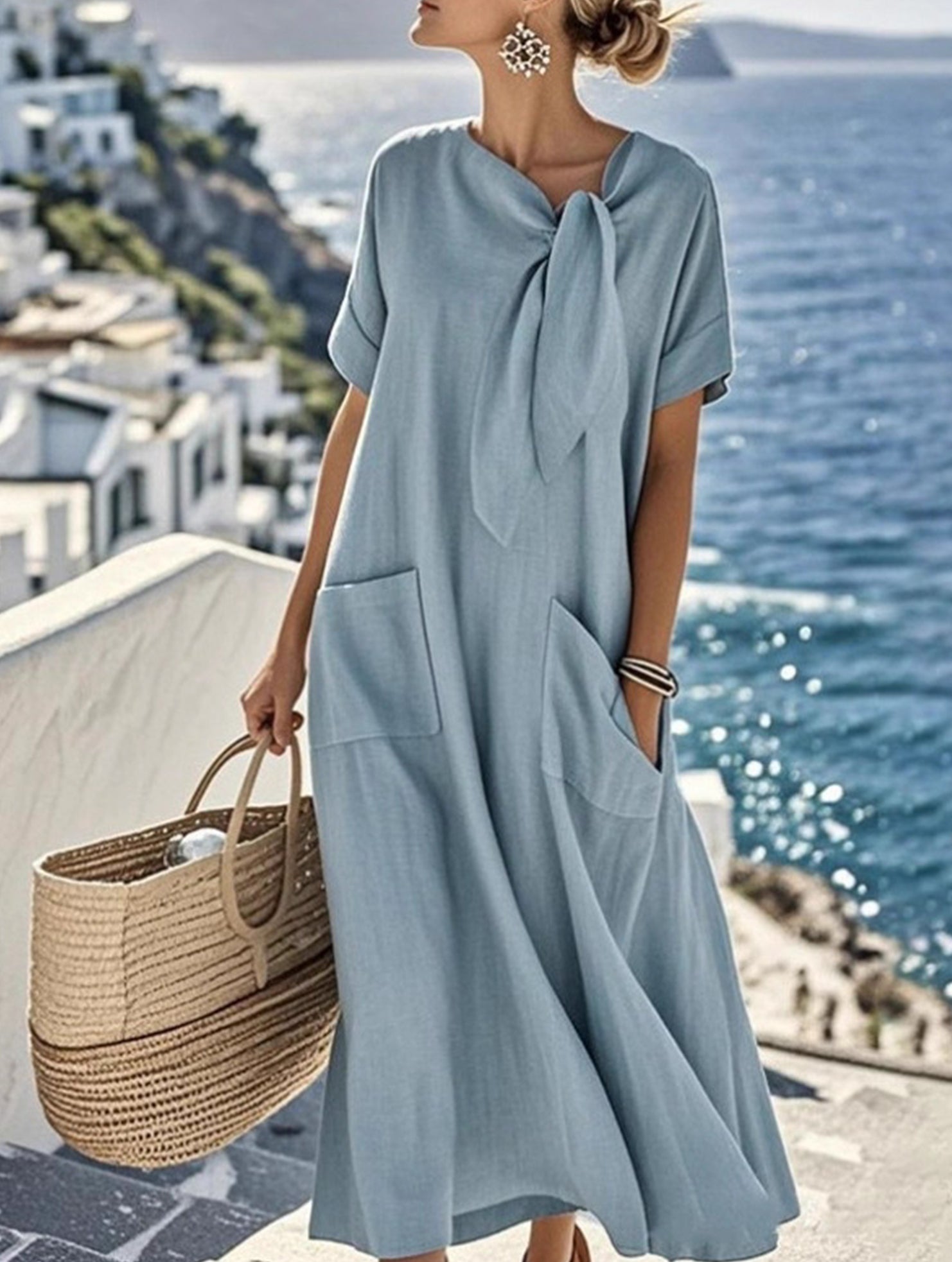 Short Sleeve Bow Pocket A-Line Maxi Dress_CWDMD02903
