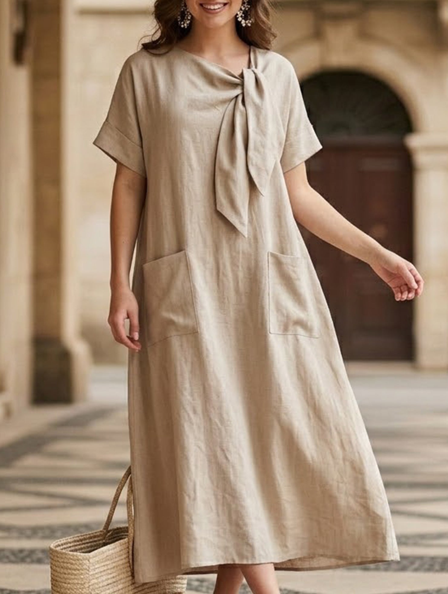 Short Sleeve Bow Pocket A-Line Maxi Dress_CWDMD02903