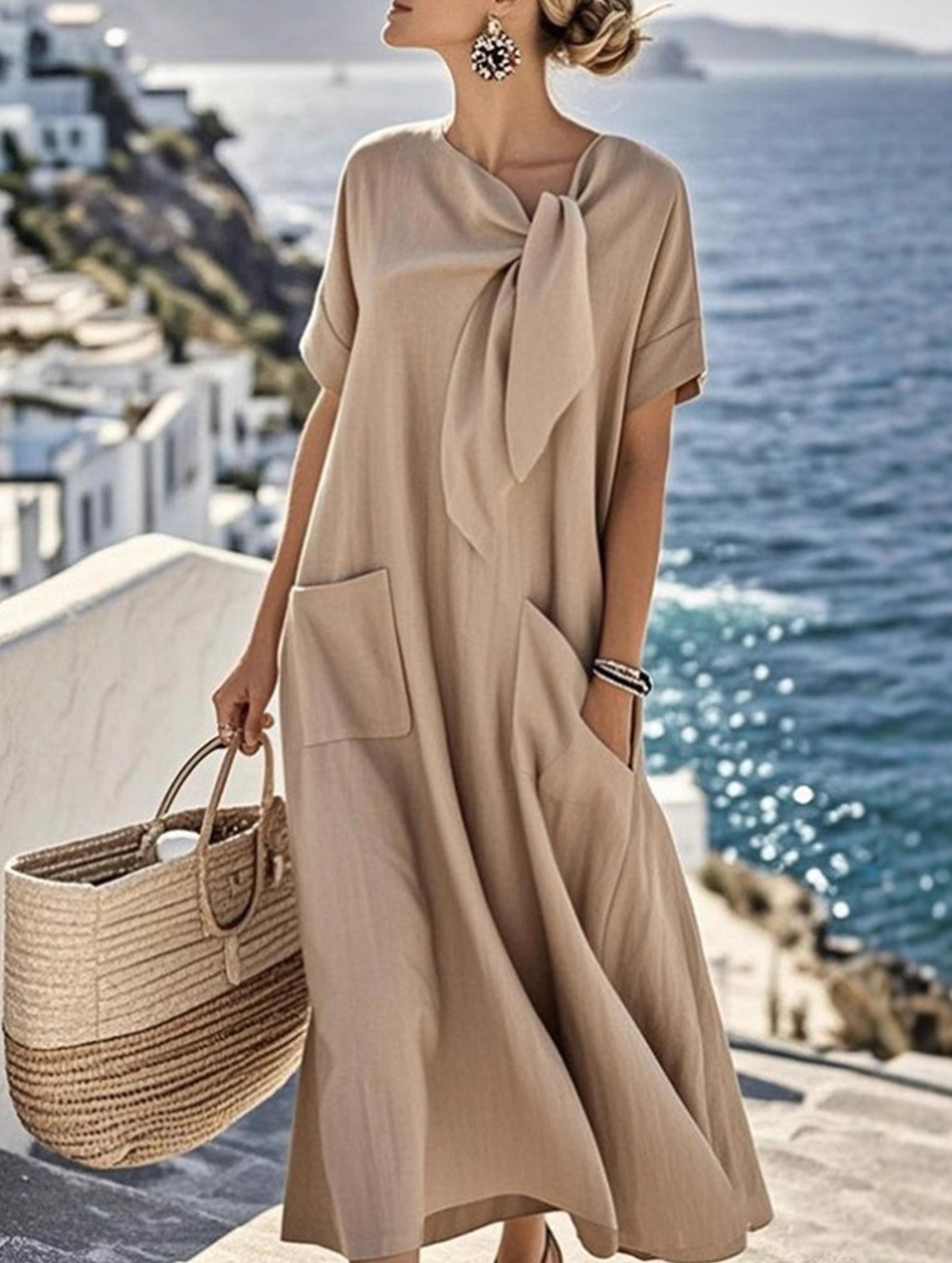 Short Sleeve Bow Pocket A-Line Maxi Dress_CWDMD02903