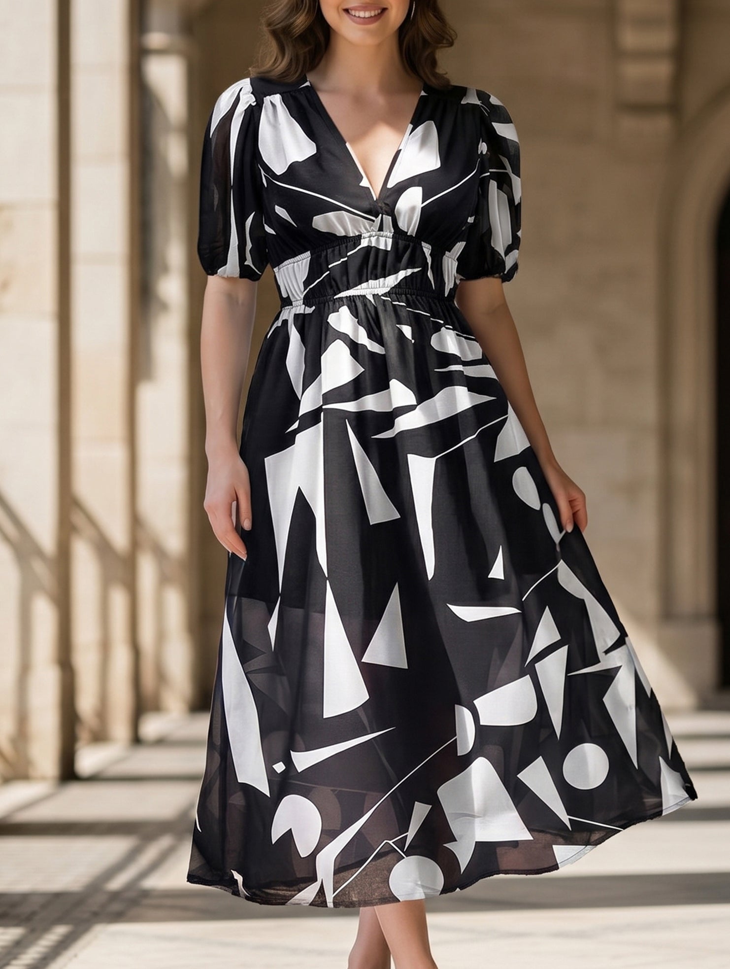 V Neck Cinched Waist Maxi Dress_CWDMD02904
