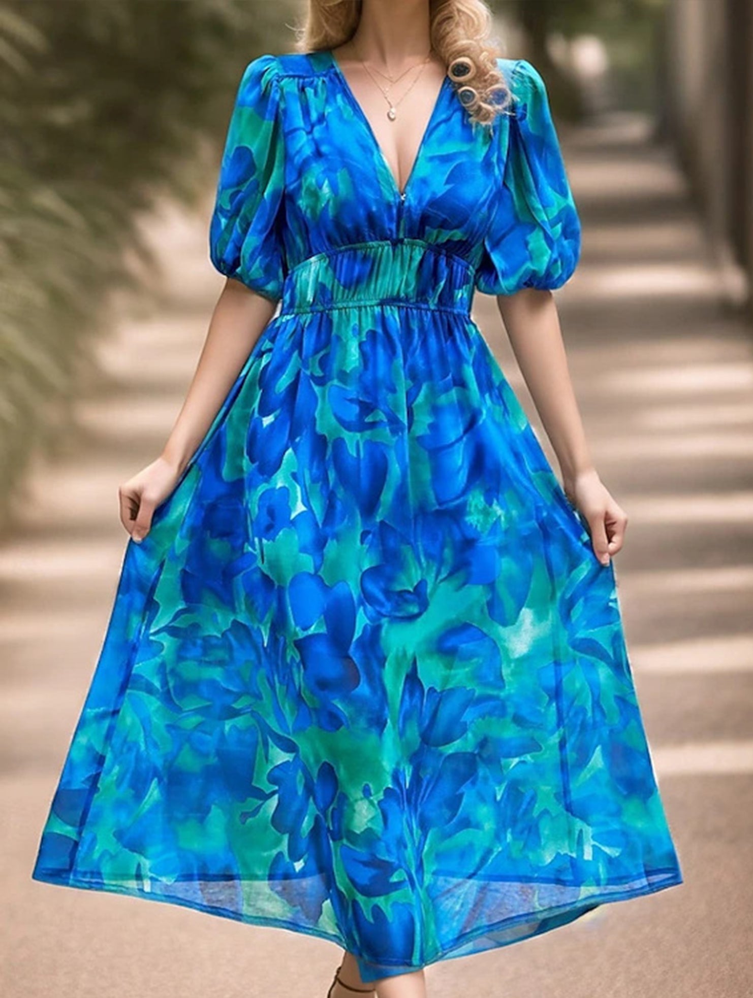 V Neck Cinched Waist Maxi Dress_CWDMD02904