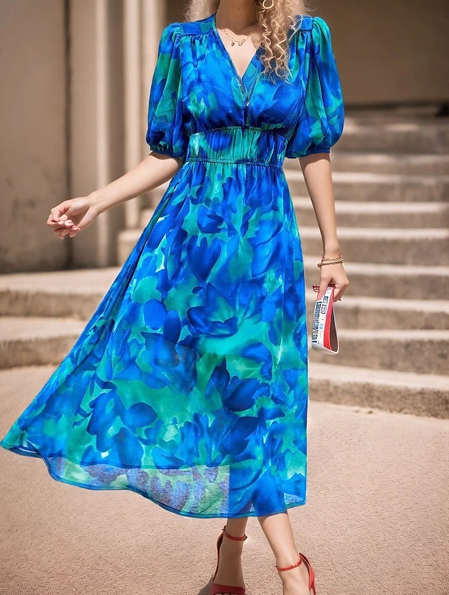 V Neck Cinched Waist Maxi Dress_CWDMD02904
