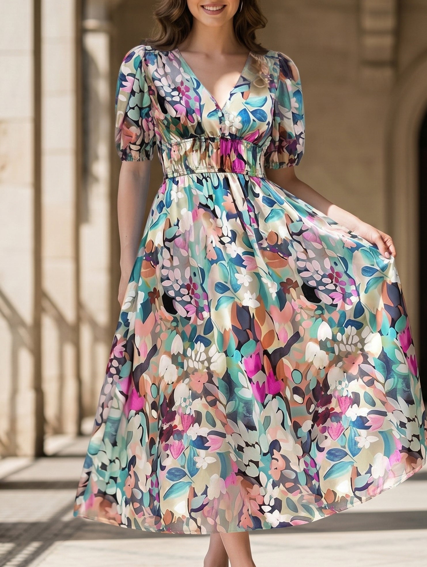 V Neck Cinched Waist Maxi Dress_CWDMD02904