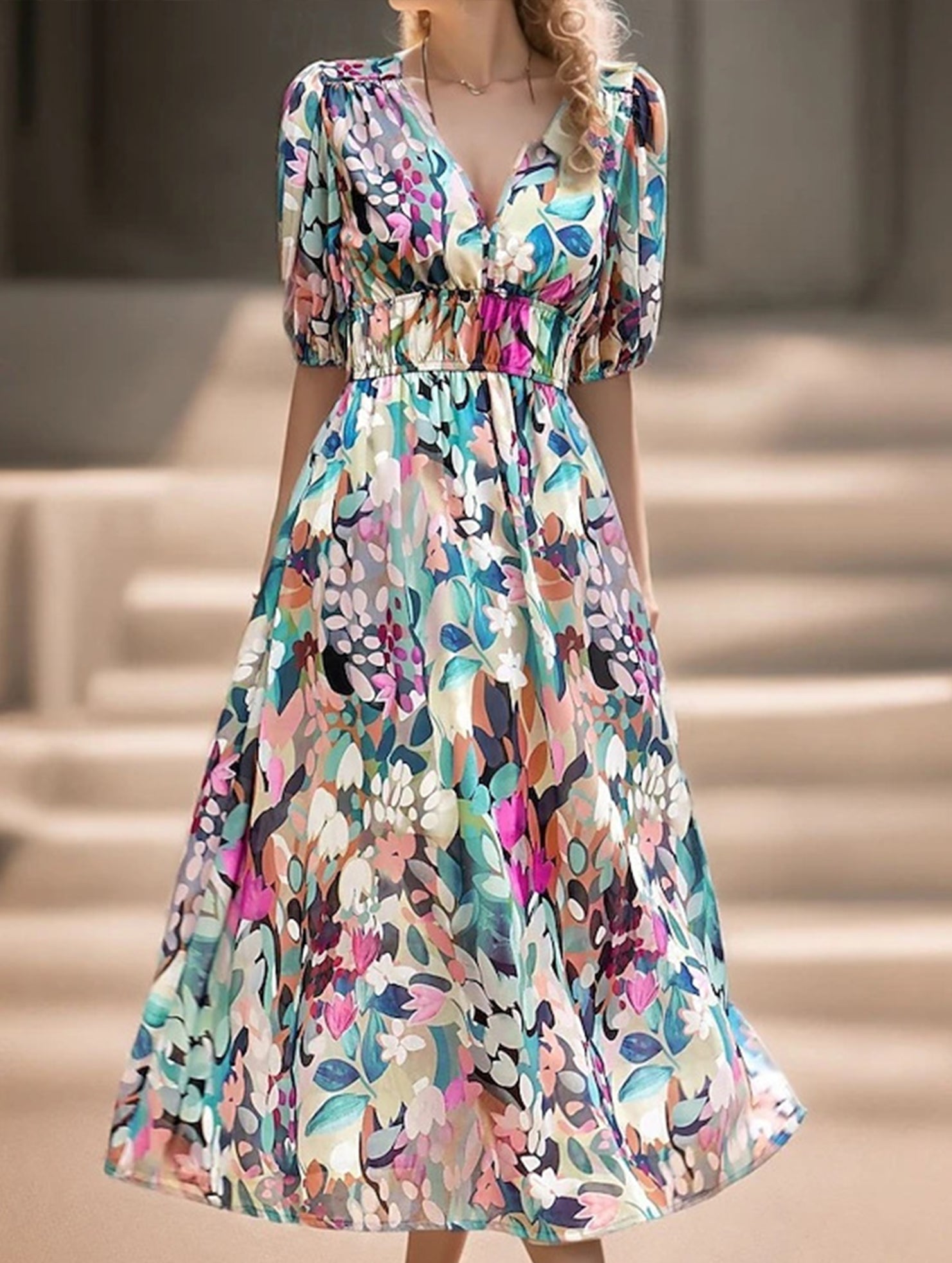 V Neck Cinched Waist Maxi Dress_CWDMD02904