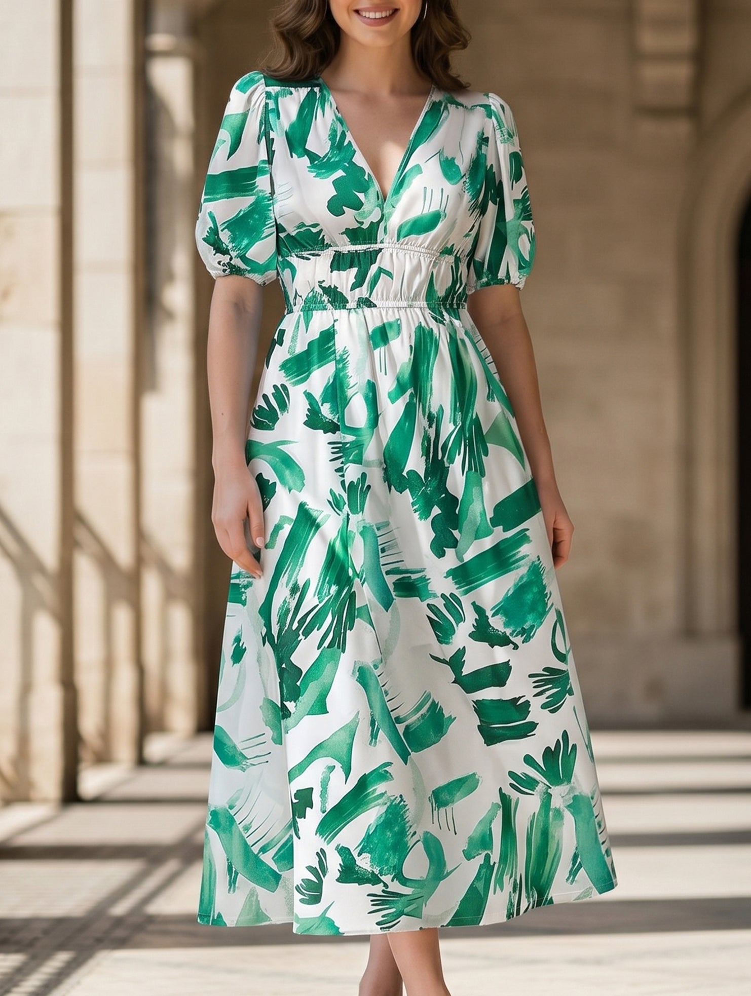 V Neck Cinched Waist Maxi Dress_CWDMD02904
