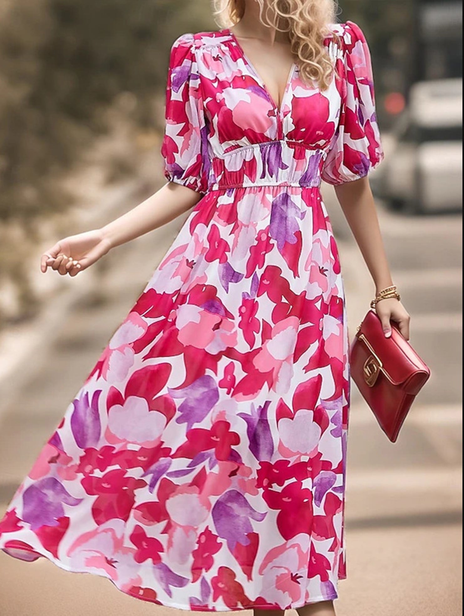 V Neck Cinched Waist Maxi Dress_CWDMD02904