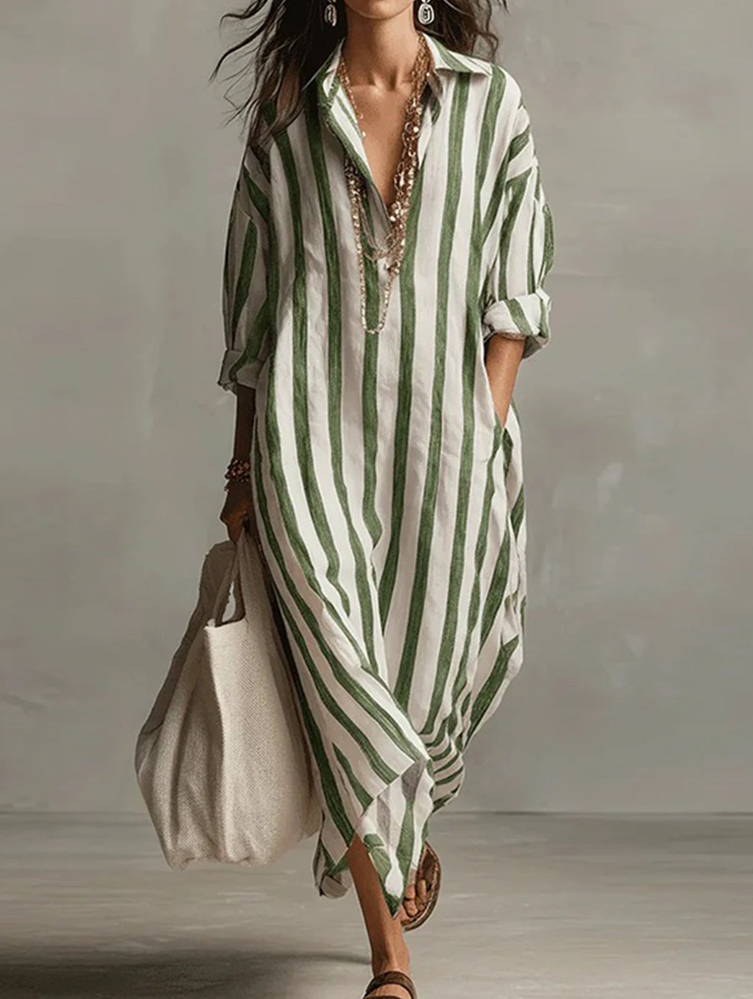 V Neck Stripe Printed Maxi Dress
