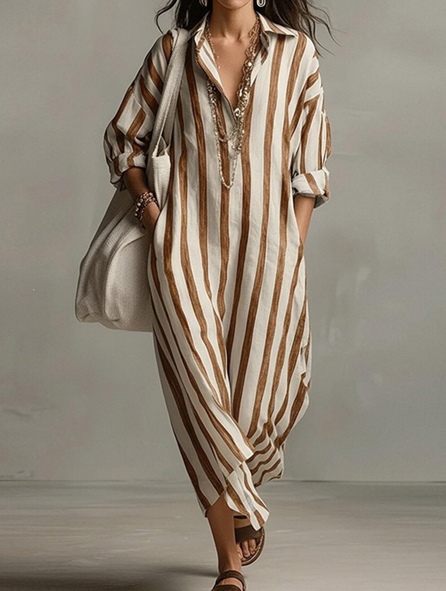 V Neck Stripe Printed Maxi Dress