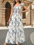 Women's beige leaf print ruffle tiered maxi dress - boho flowy summer vacation dress