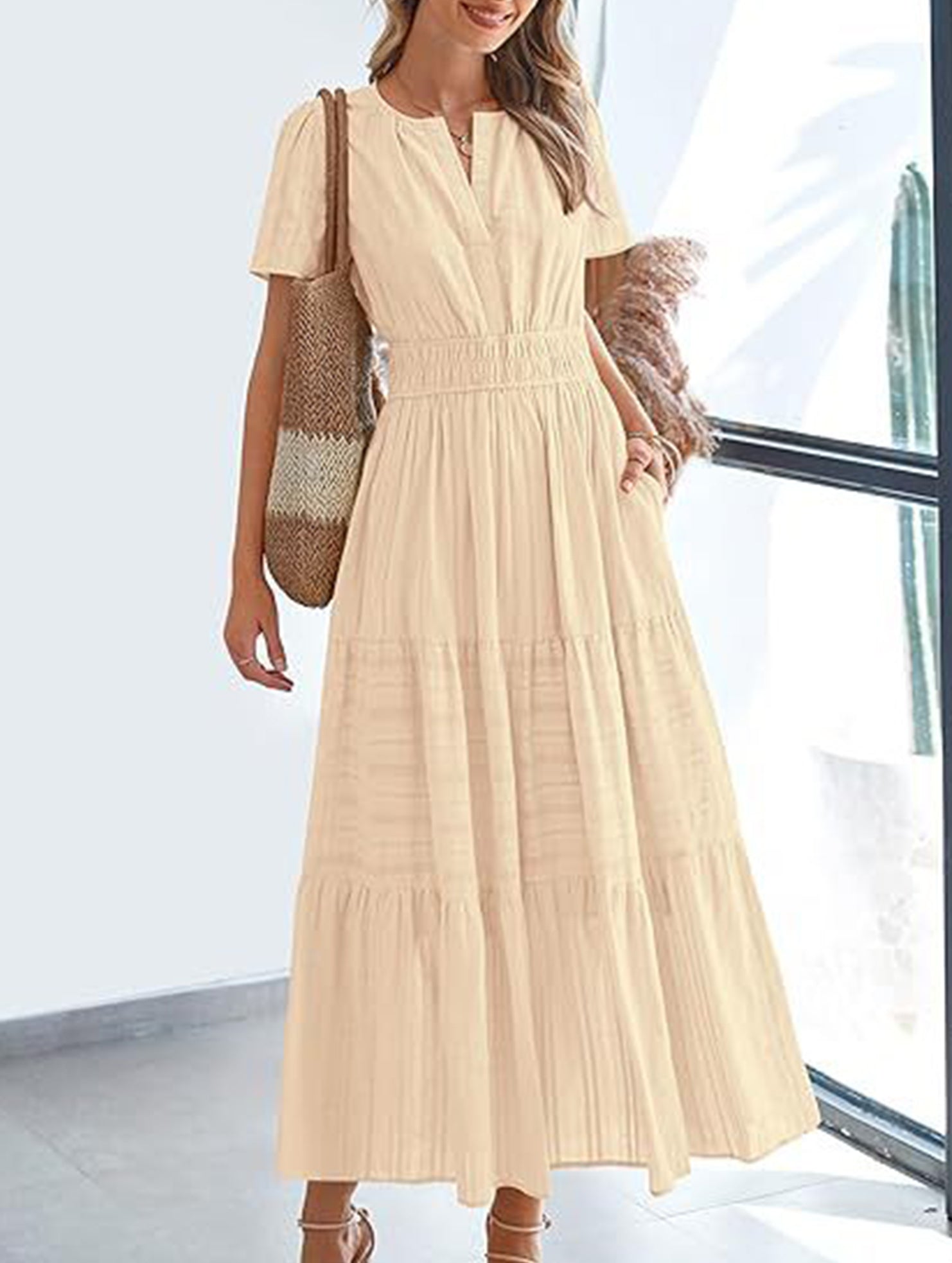 V Neck Ruched Puff Sleeve Dress