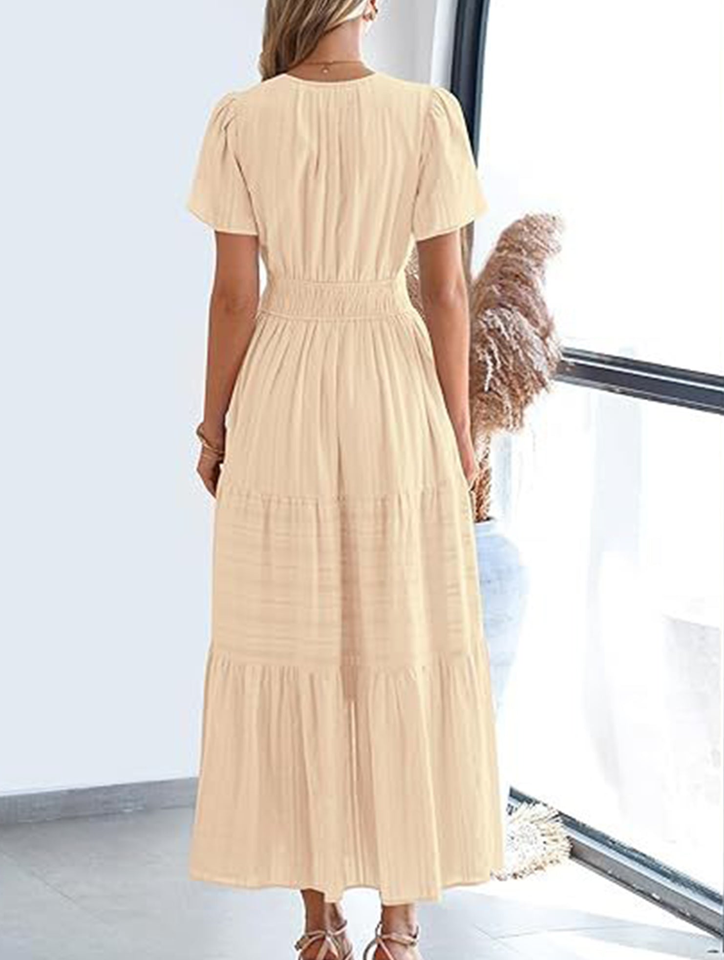 V Neck Ruched Puff Sleeve Dress