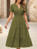 V Neck Ruched Puff Sleeve Dress