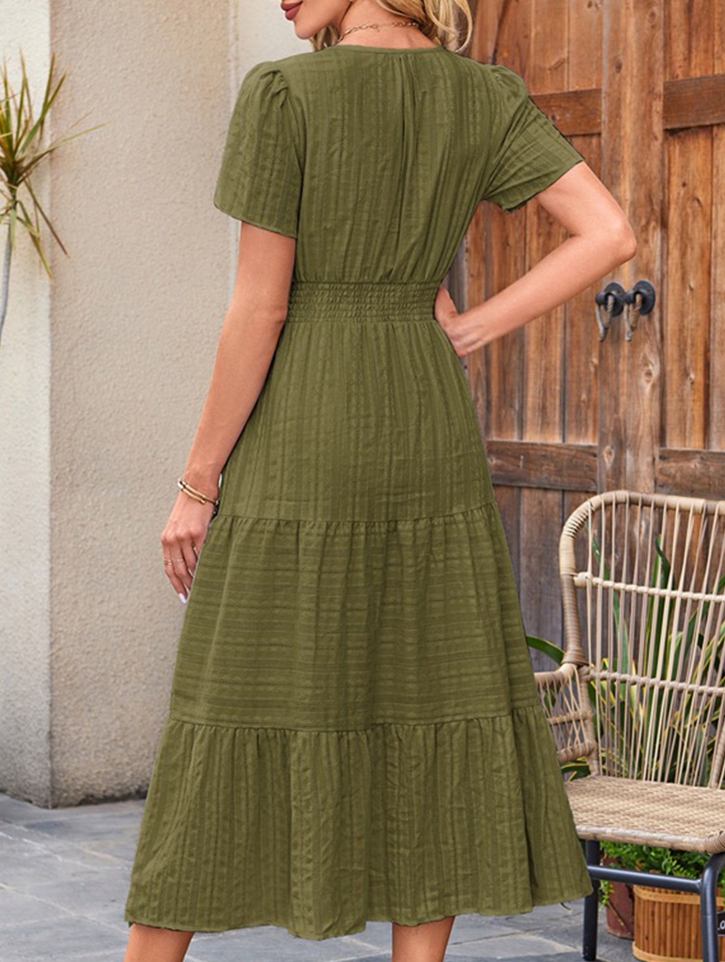 V Neck Ruched Puff Sleeve Dress