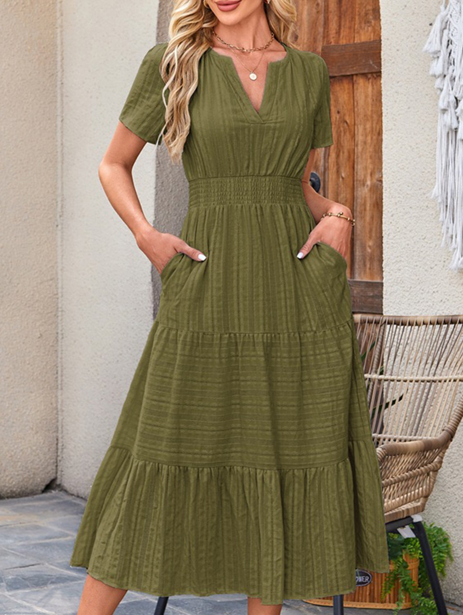 V Neck Ruched Puff Sleeve Dress
