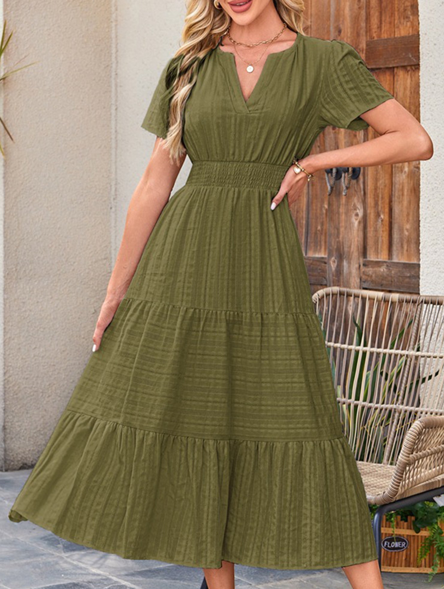 V Neck Ruched Puff Sleeve Dress