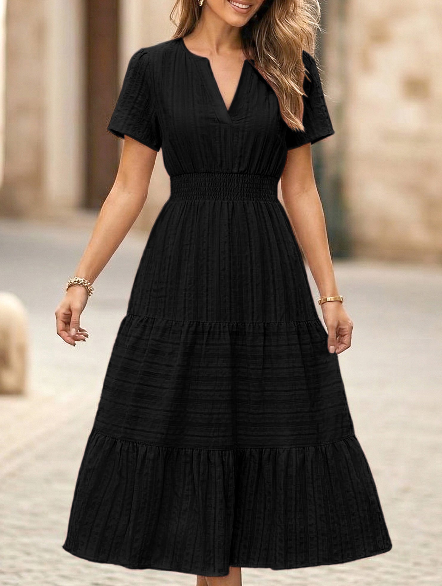V Neck Ruched Puff Sleeve Dress