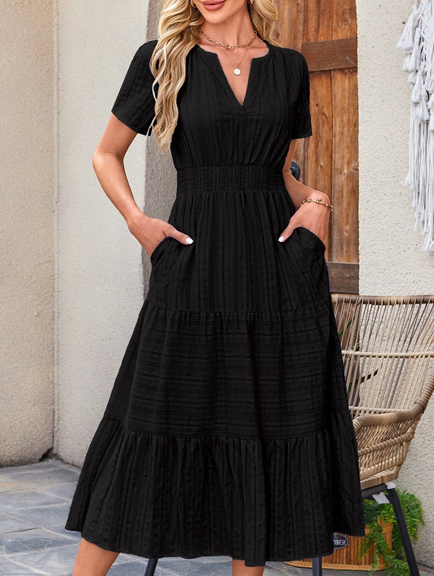 V Neck Ruched Puff Sleeve Dress