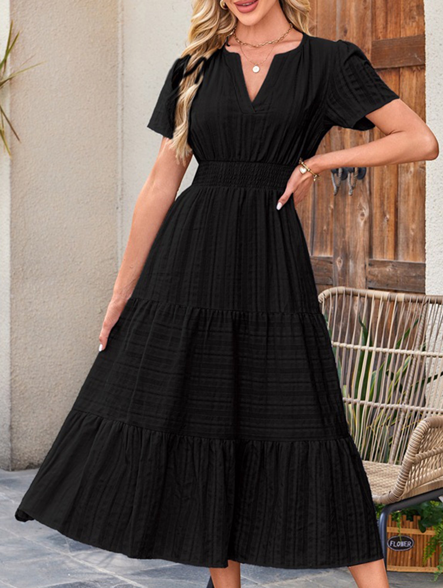 V Neck Ruched Puff Sleeve Dress