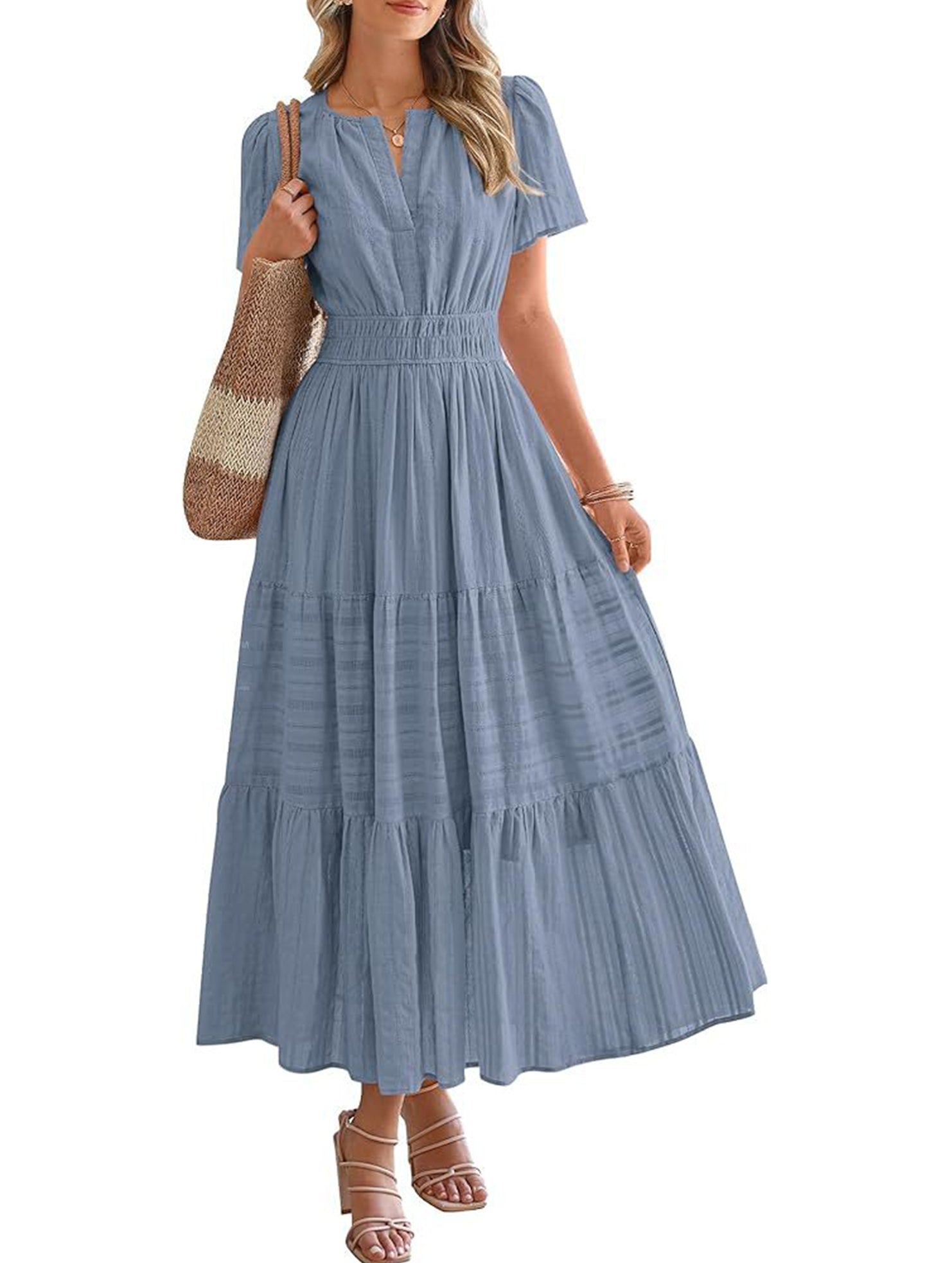 V Neck Ruched Puff Sleeve Dress