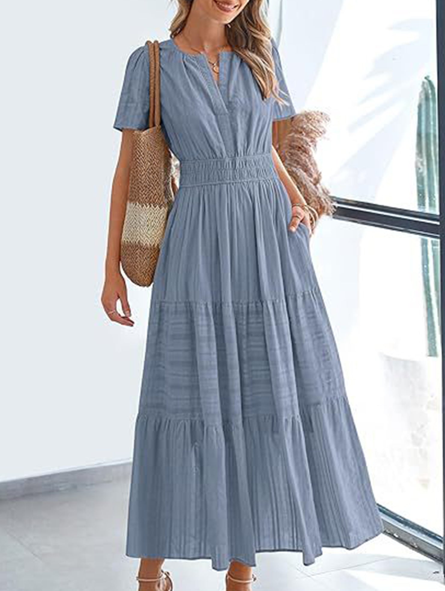 V Neck Ruched Puff Sleeve Dress