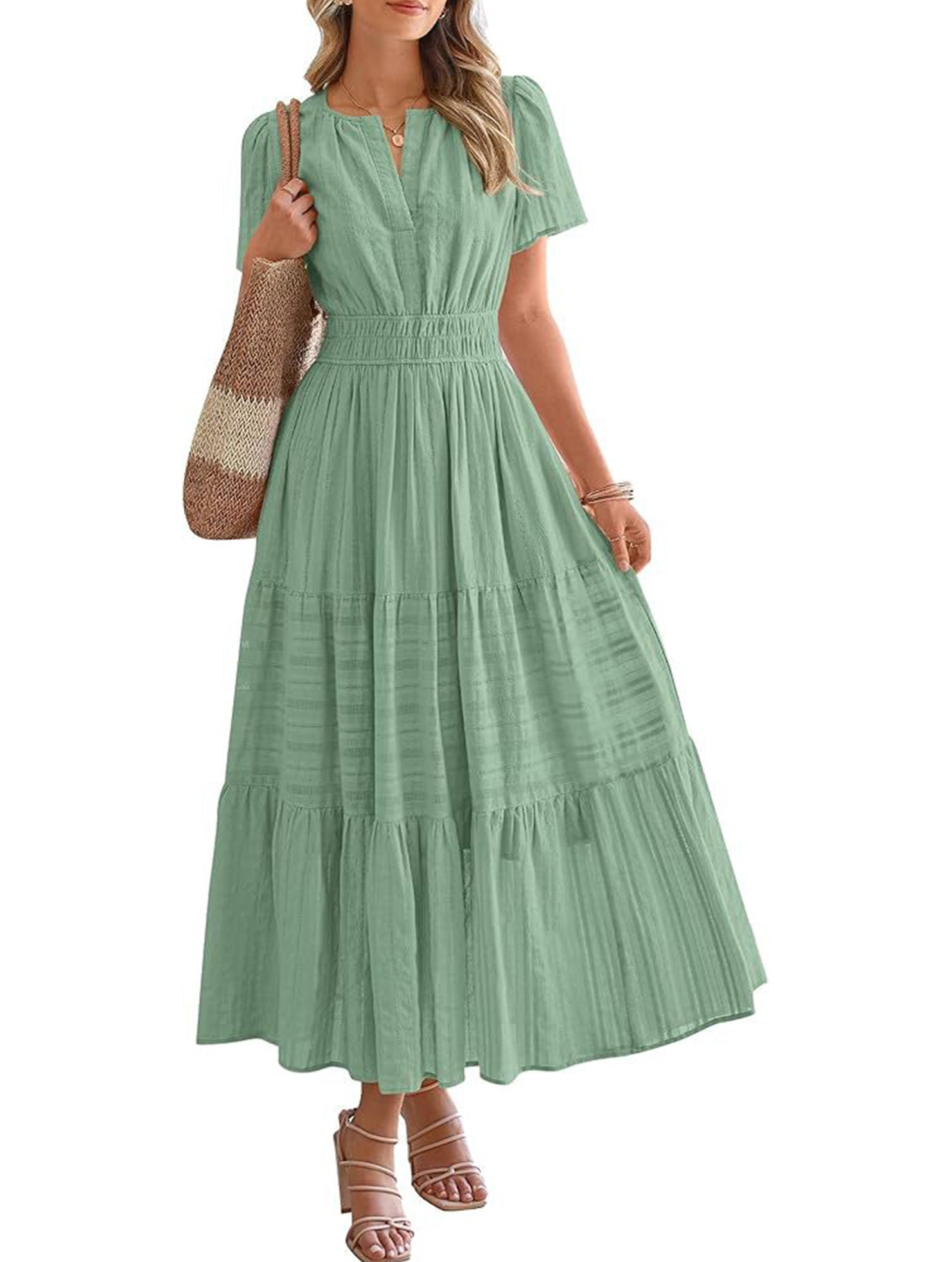 V Neck Ruched Puff Sleeve Dress