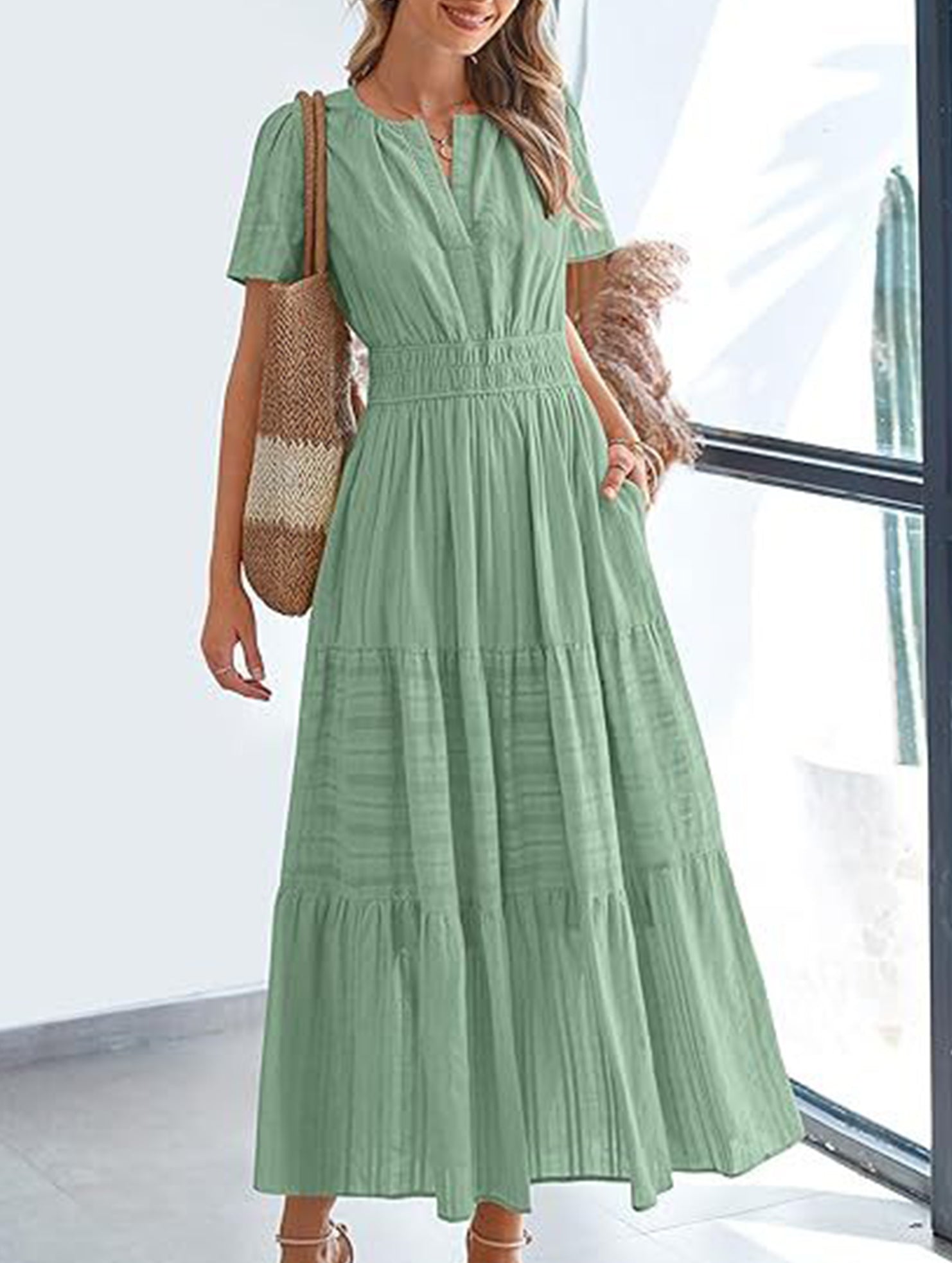V Neck Ruched Puff Sleeve Dress