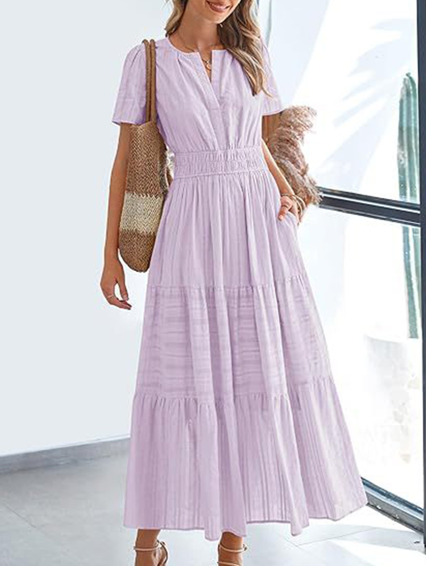 V Neck Ruched Puff Sleeve Dress