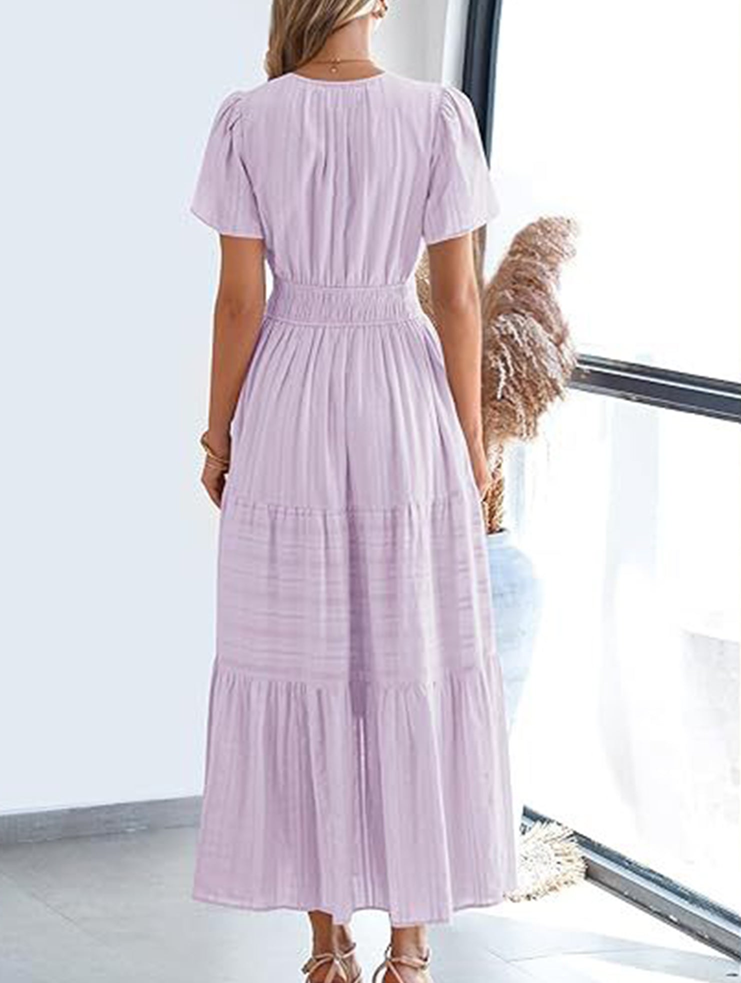 V Neck Ruched Puff Sleeve Dress