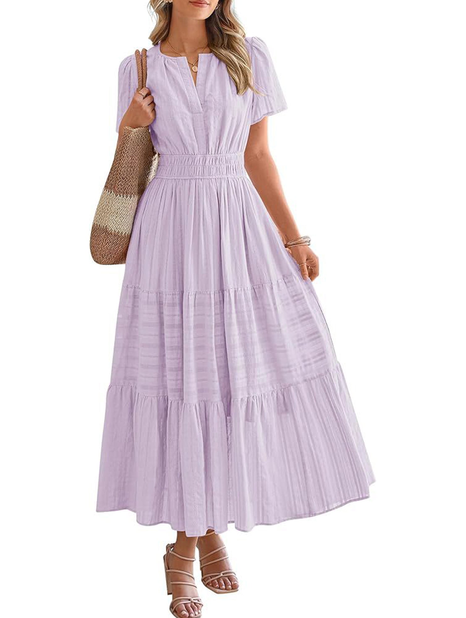 V Neck Ruched Puff Sleeve Dress