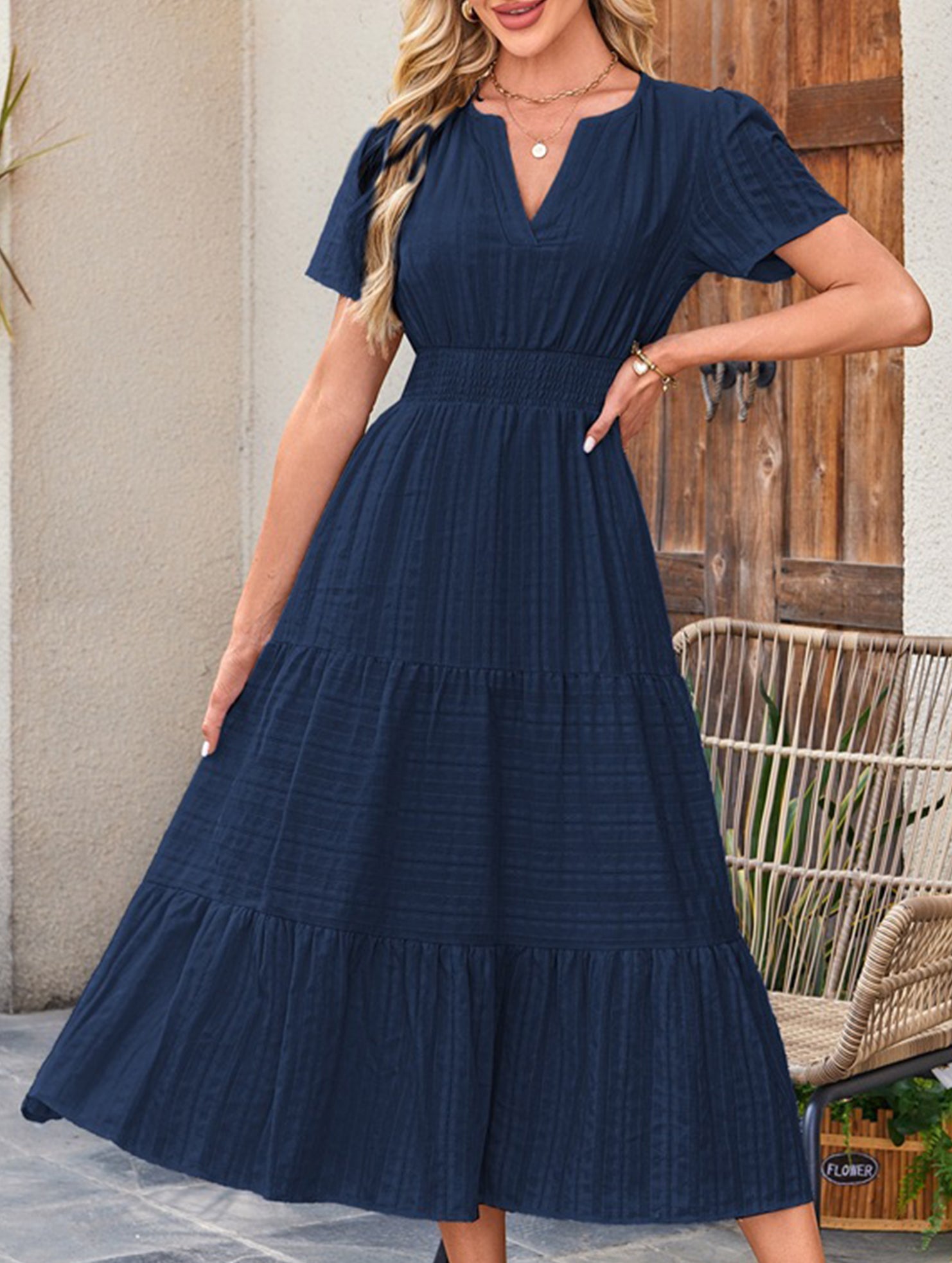 V Neck Ruched Puff Sleeve Dress