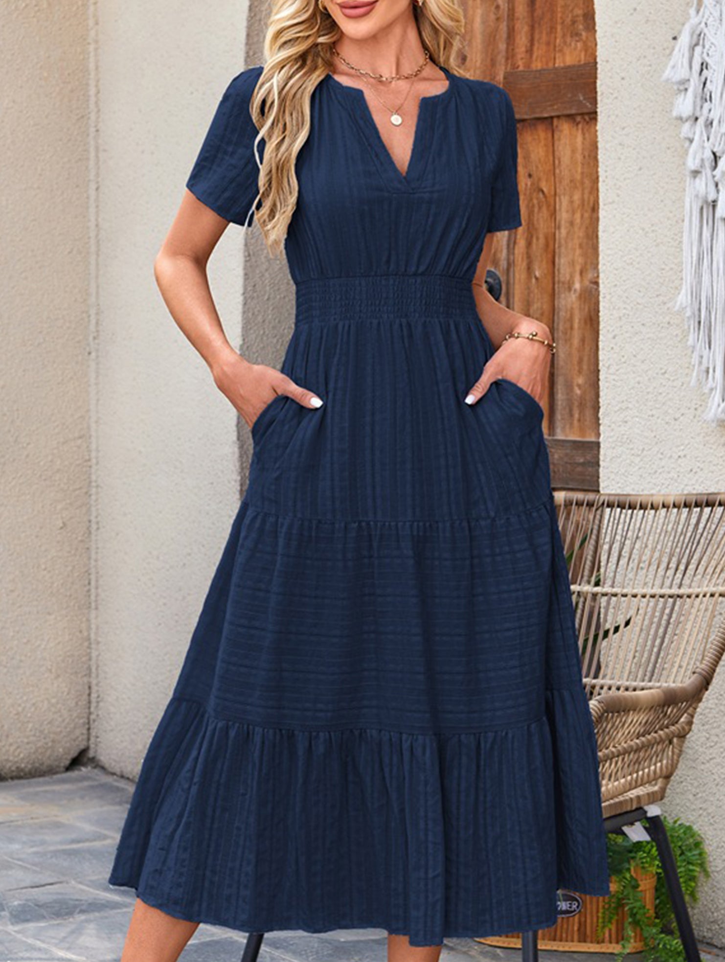 V Neck Ruched Puff Sleeve Dress