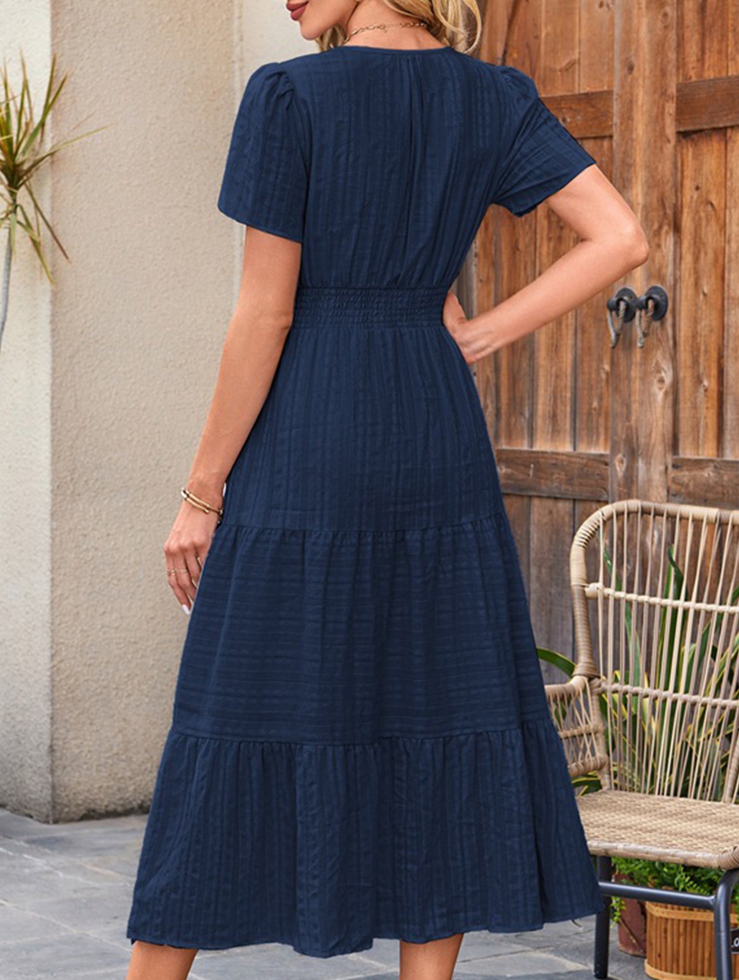 V Neck Ruched Puff Sleeve Dress