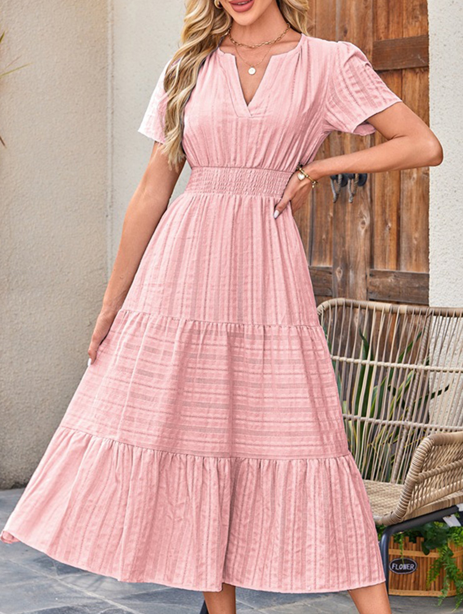 V Neck Ruched Puff Sleeve Dress