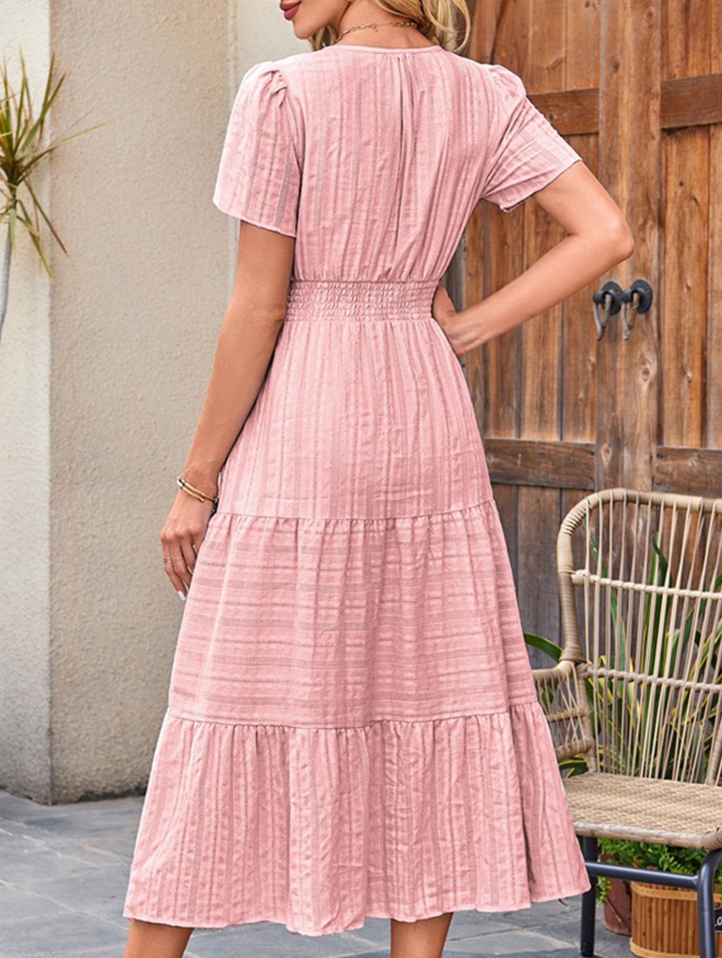 V Neck Ruched Puff Sleeve Dress