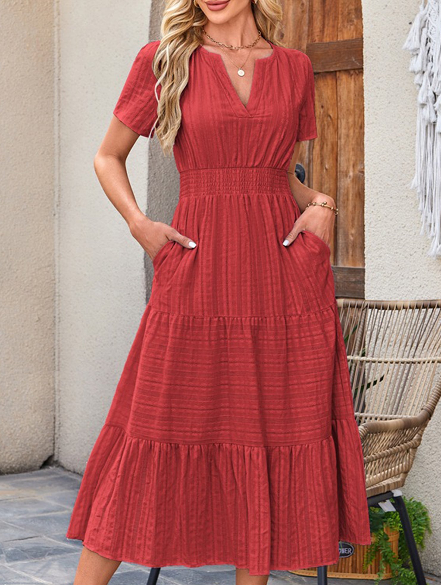 V Neck Ruched Puff Sleeve Dress