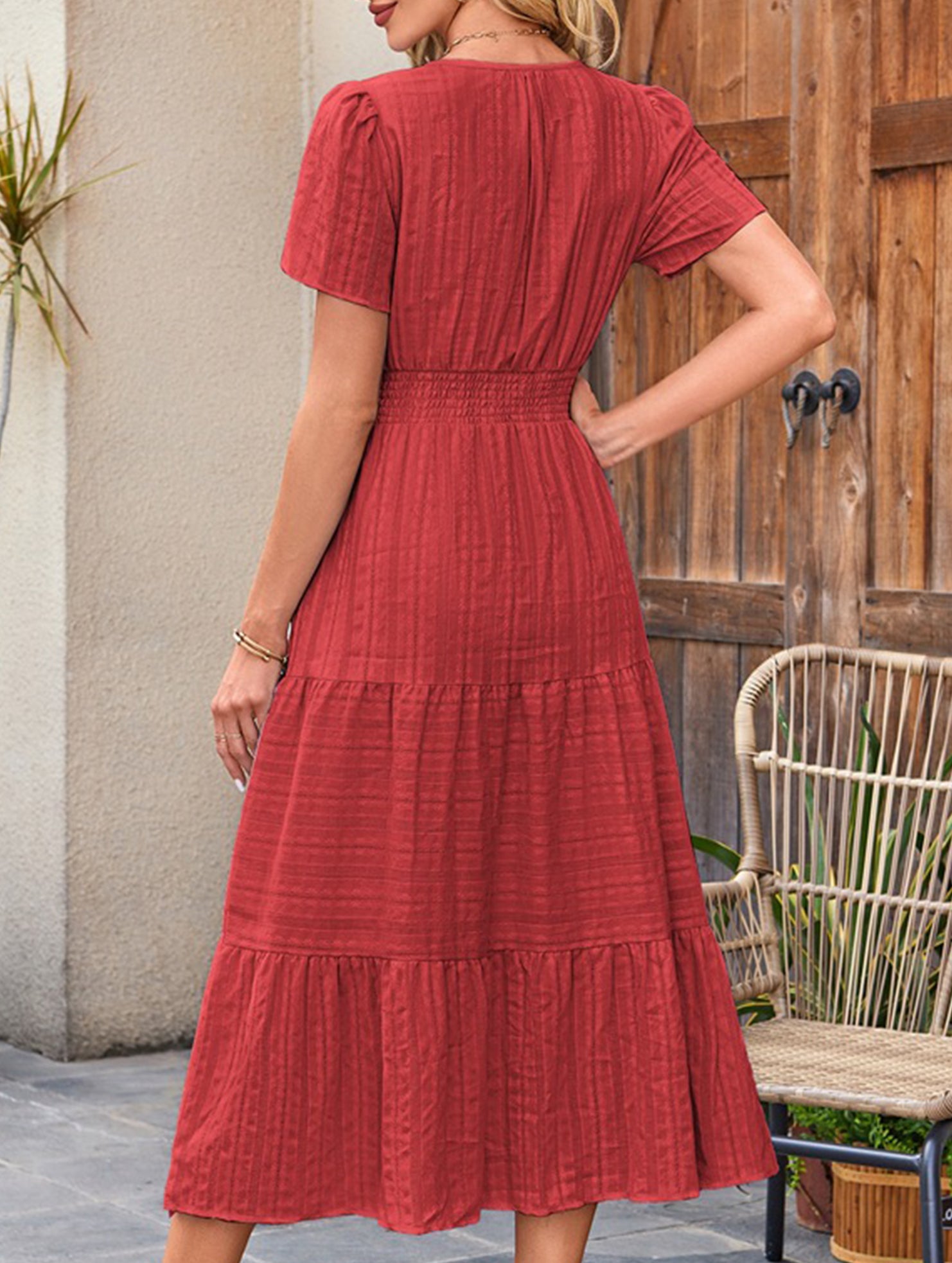 V Neck Ruched Puff Sleeve Dress
