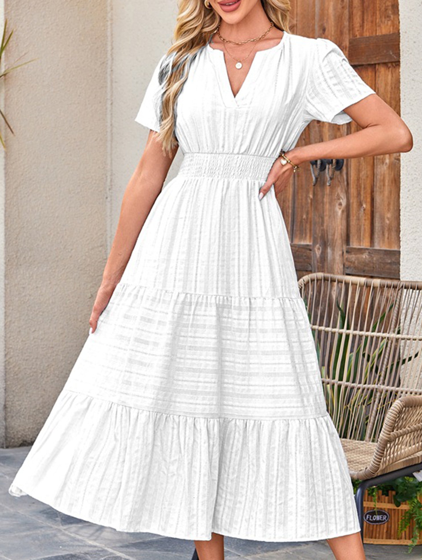 V Neck Ruched Puff Sleeve Dress