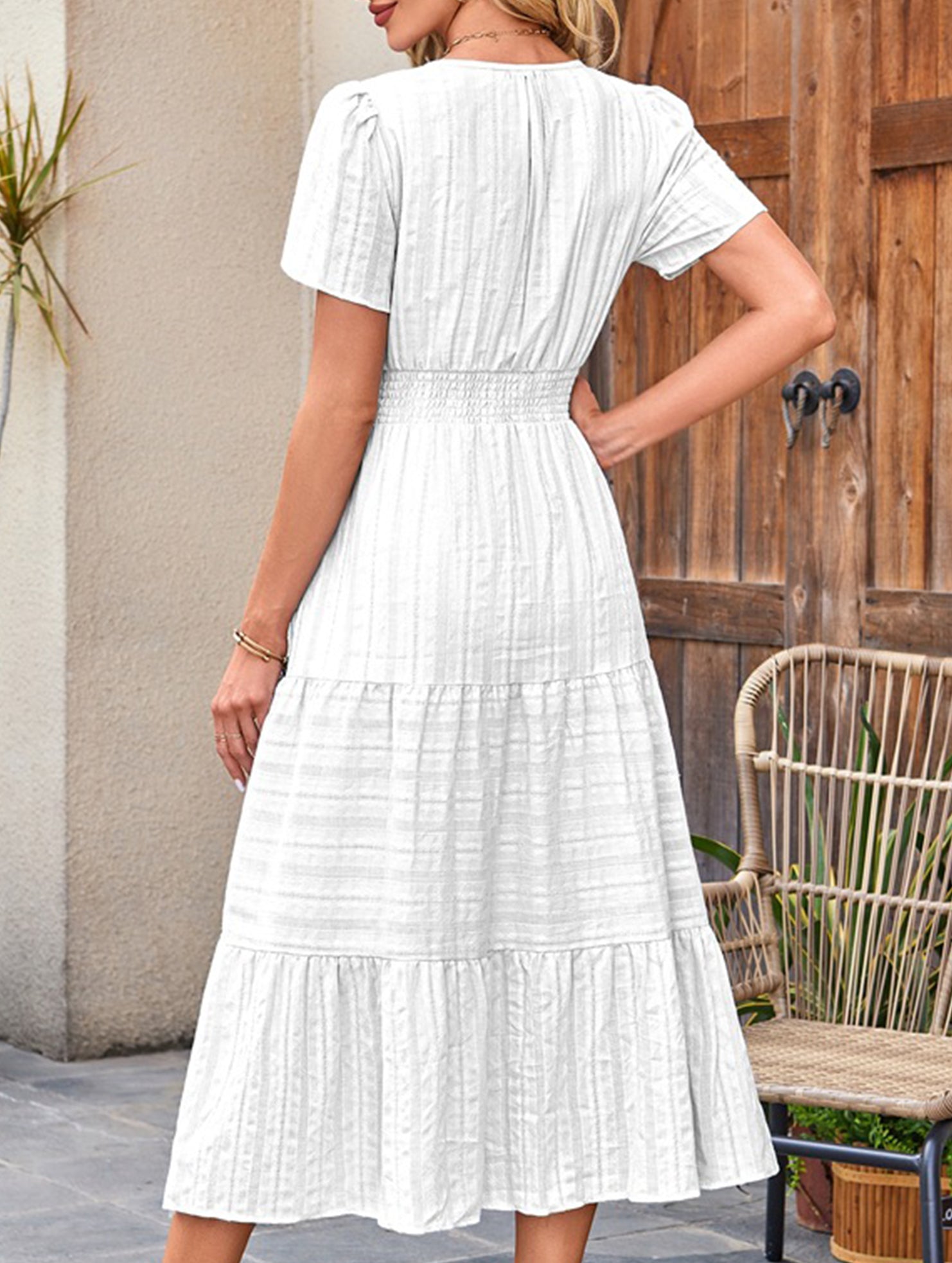 V Neck Ruched Puff Sleeve Dress