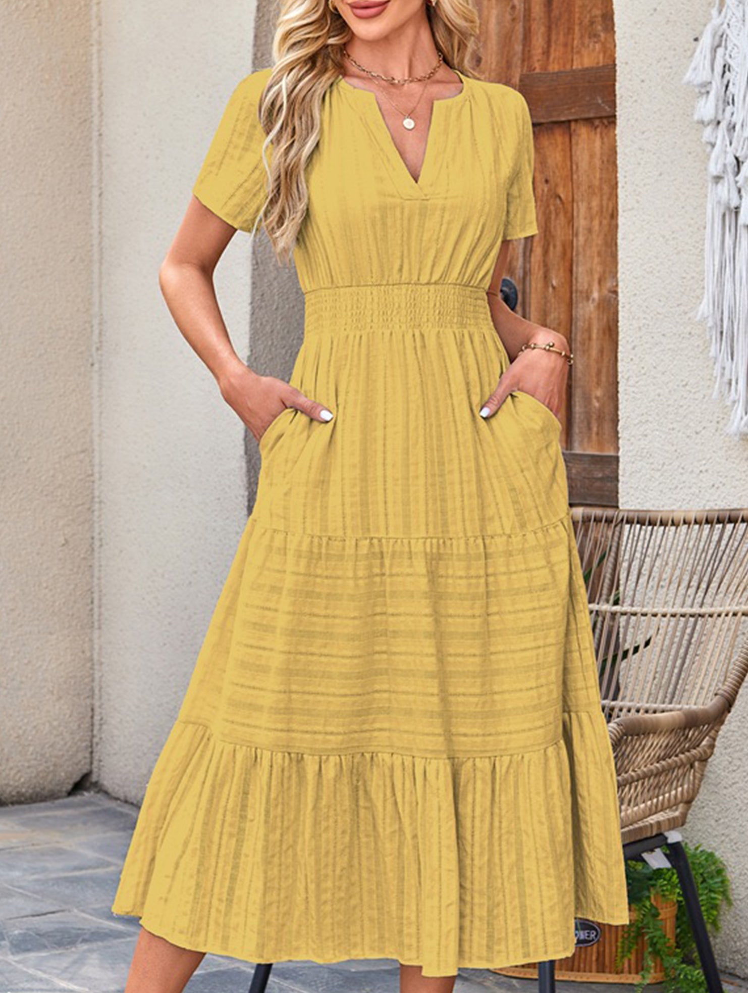 V Neck Ruched Puff Sleeve Dress