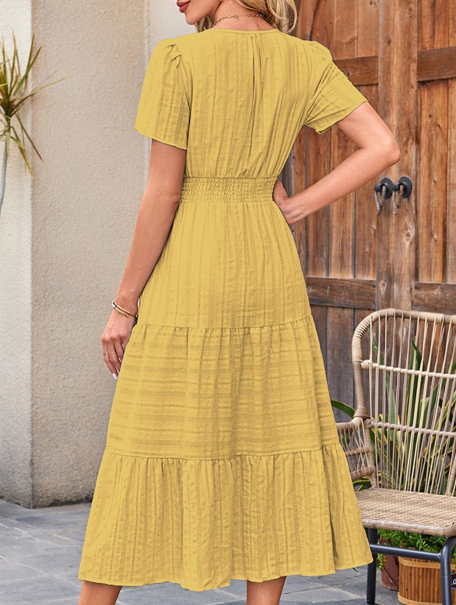 V Neck Ruched Puff Sleeve Dress