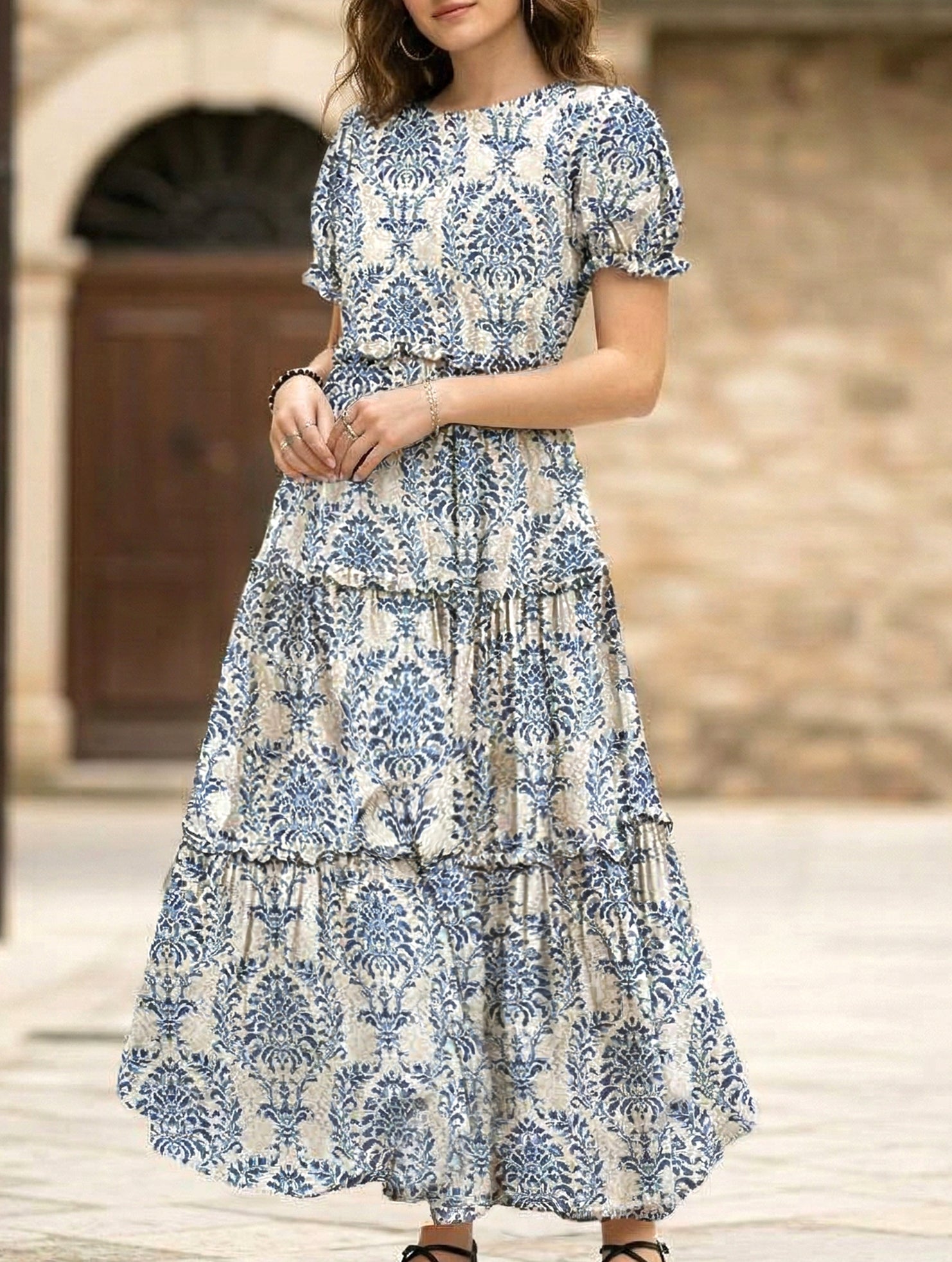 Puff Sleeve Print Mini Dress_CWDMD02935