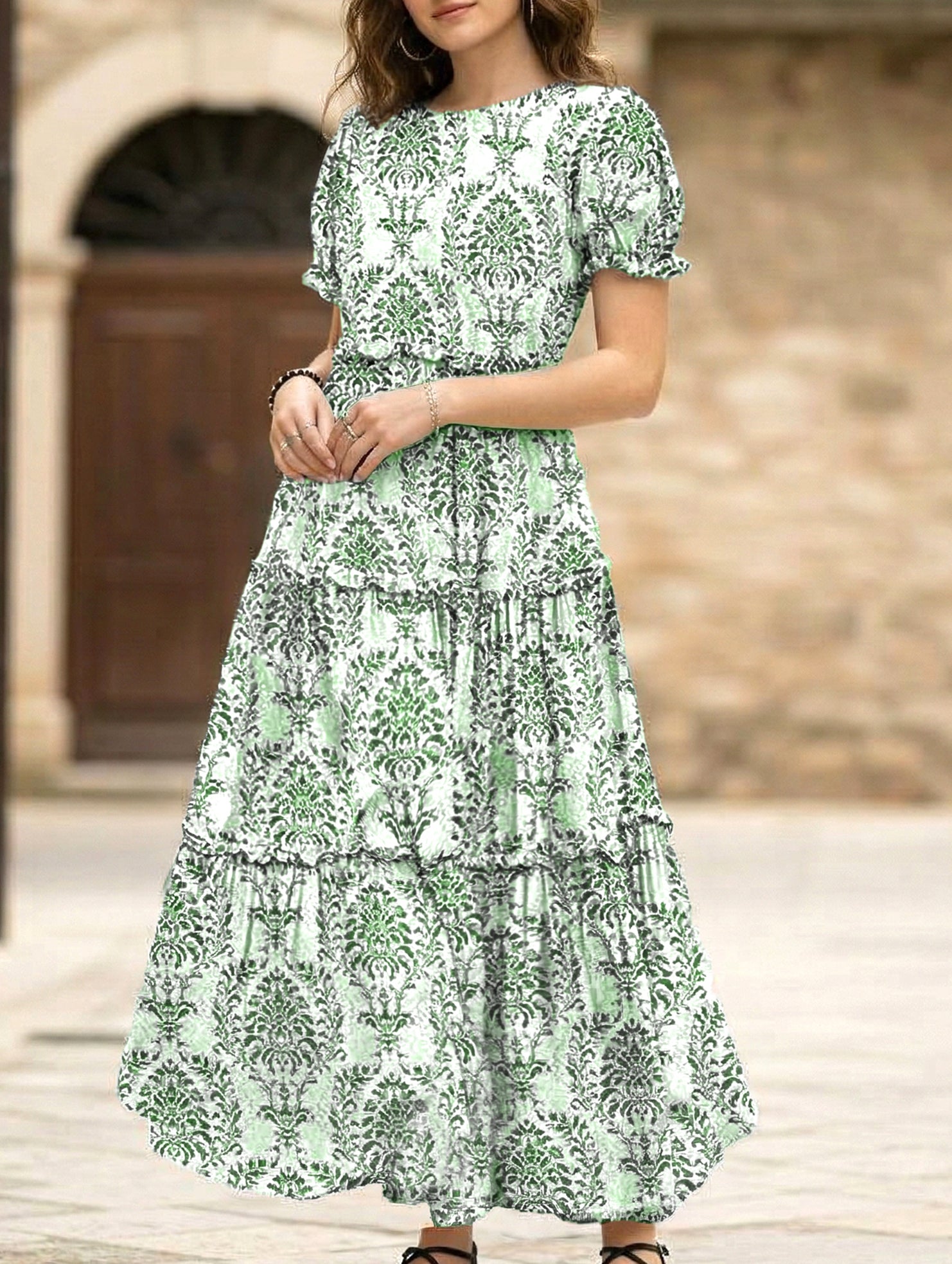 Puff Sleeve Print Mini Dress_CWDMD02935